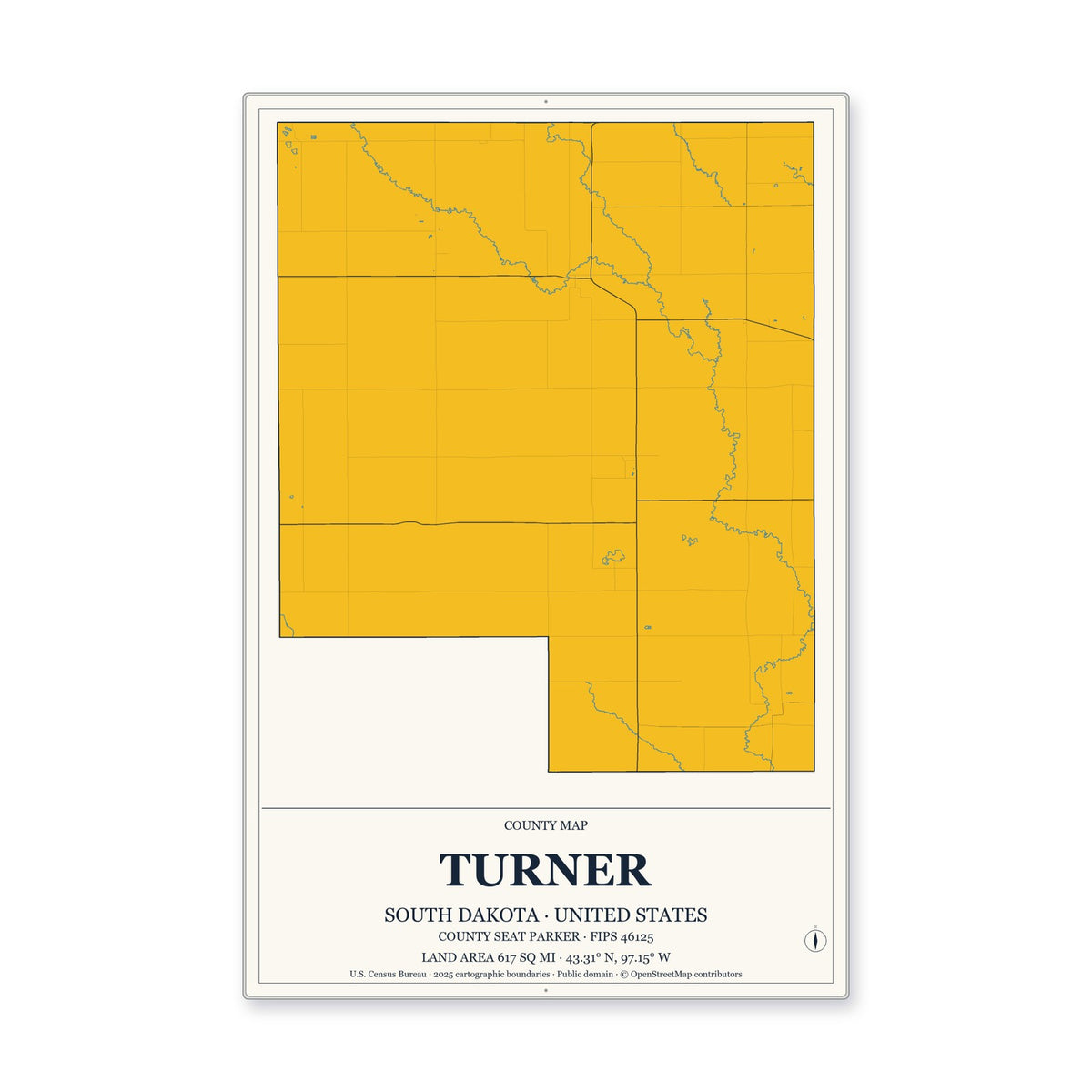 Turner County, South Dakota Map Aluminum Sign in Citrine Modern style