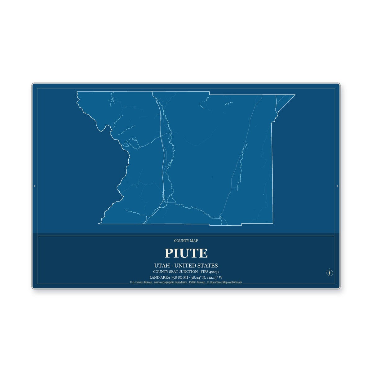 Piute County, Utah Map Aluminum Sign in Harbor Cobalt style