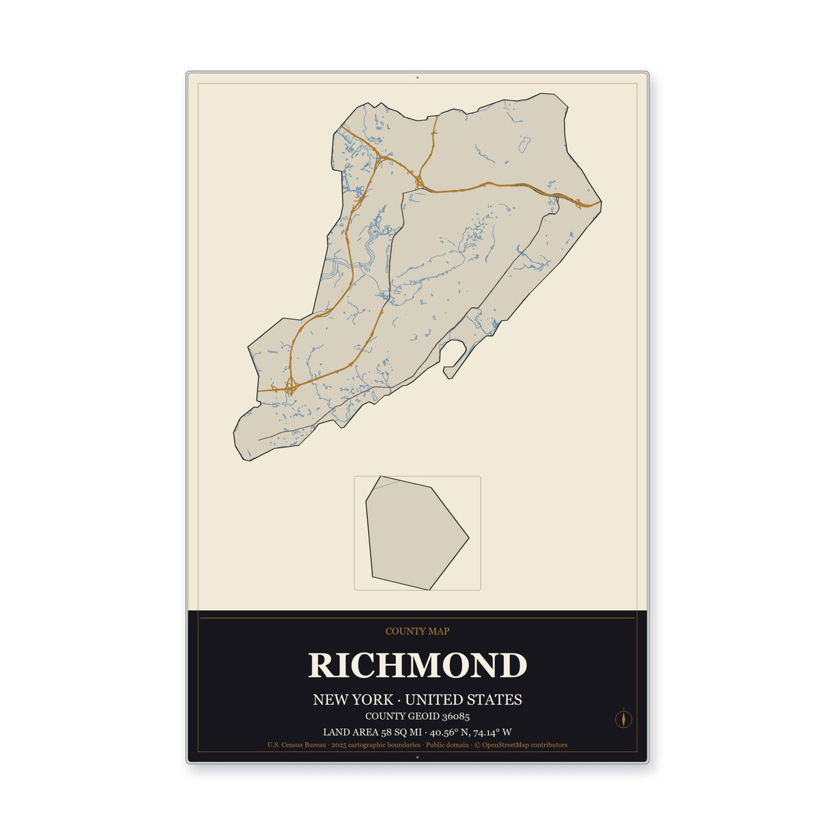 Richmond County, New York Map Aluminum Sign in Museum Plaque style