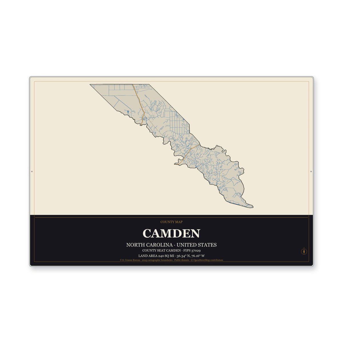 Camden County, North Carolina Map Aluminum Sign in Museum Plaque style