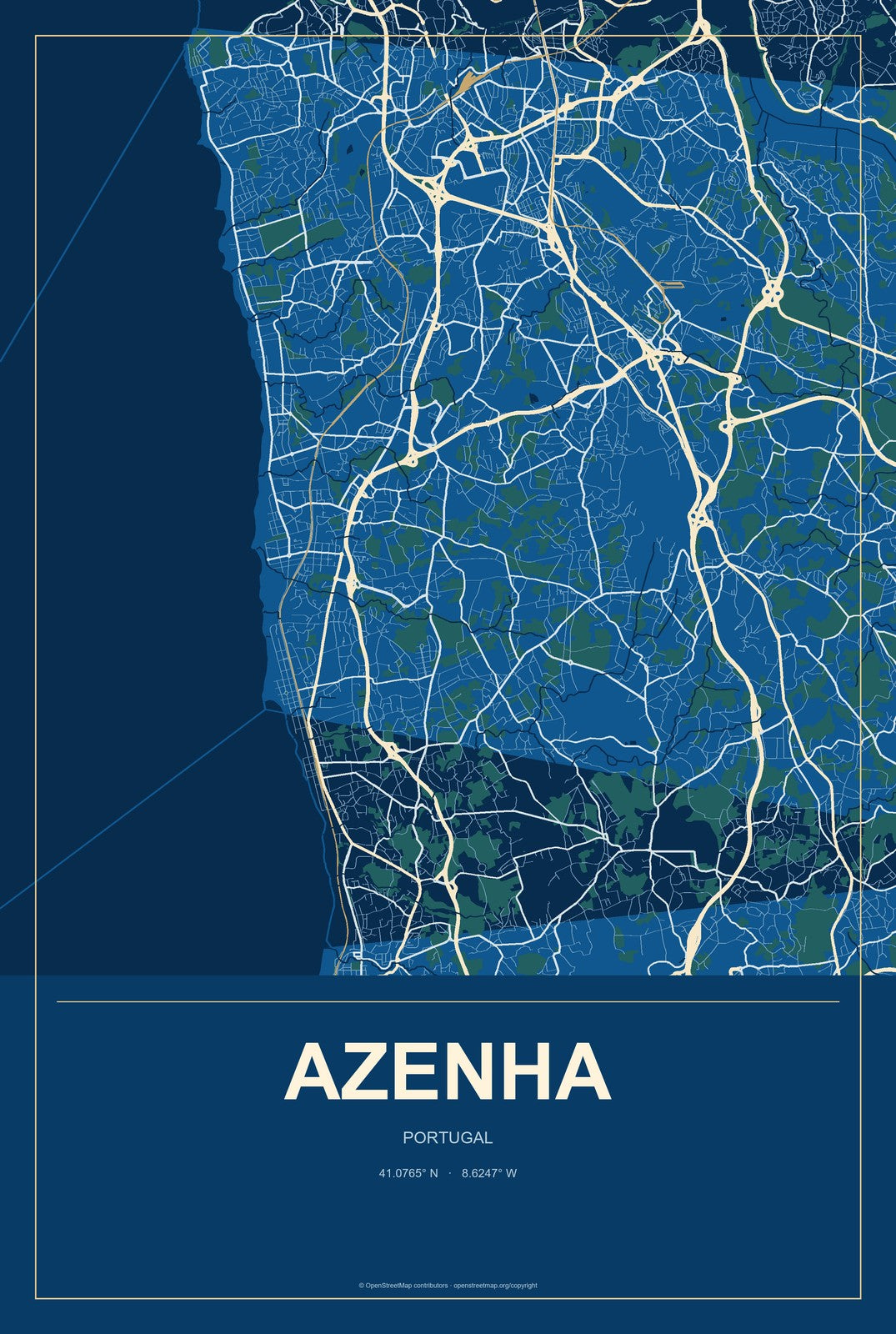 Azenha, Portugal City Map Aluminum Sign in Harbor Cobalt style
