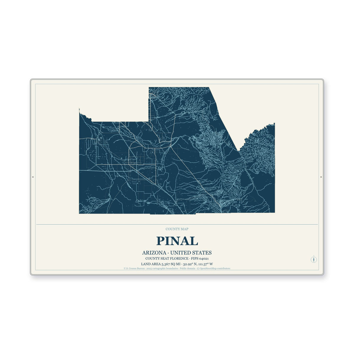 Pinal County, Arizona Map Aluminum Sign in Coastal Cutout style