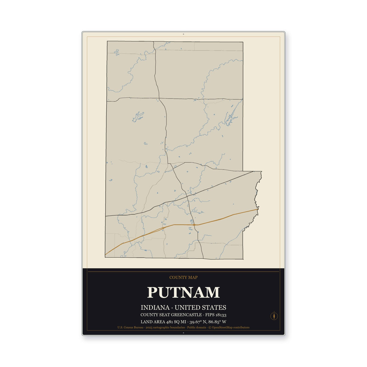 Putnam County, Indiana Map Aluminum Sign in Museum Plaque style