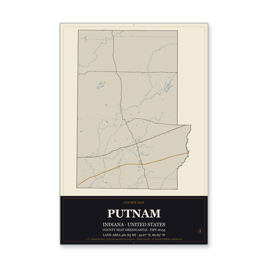 Putnam County, Indiana Map Aluminum Sign in Museum Plaque style