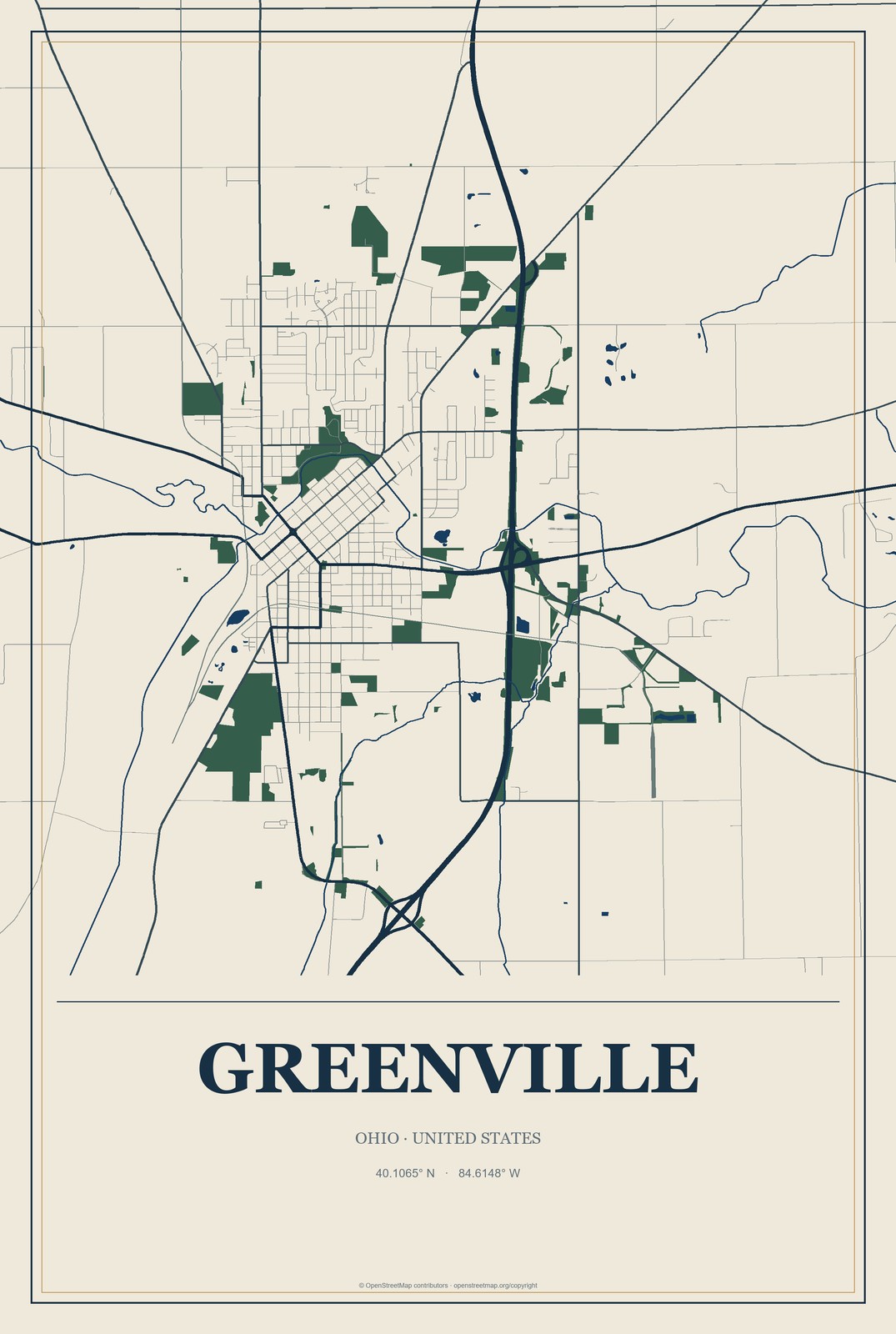 Greenville, Ohio City Map Aluminum Sign in Coastal Cutout style