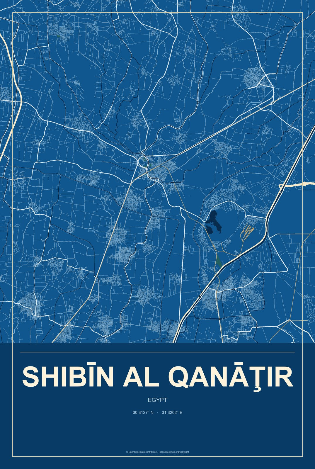 Shibīn al Qanāţir, Egypt City Map Aluminum Sign in Harbor Cobalt style