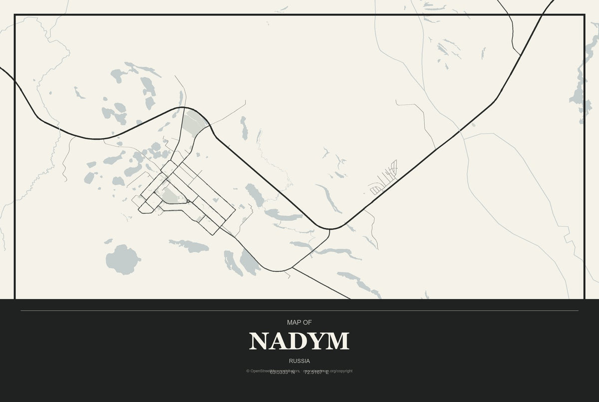 Nadym, Russia City Map Aluminum Sign in Museum Plaque style