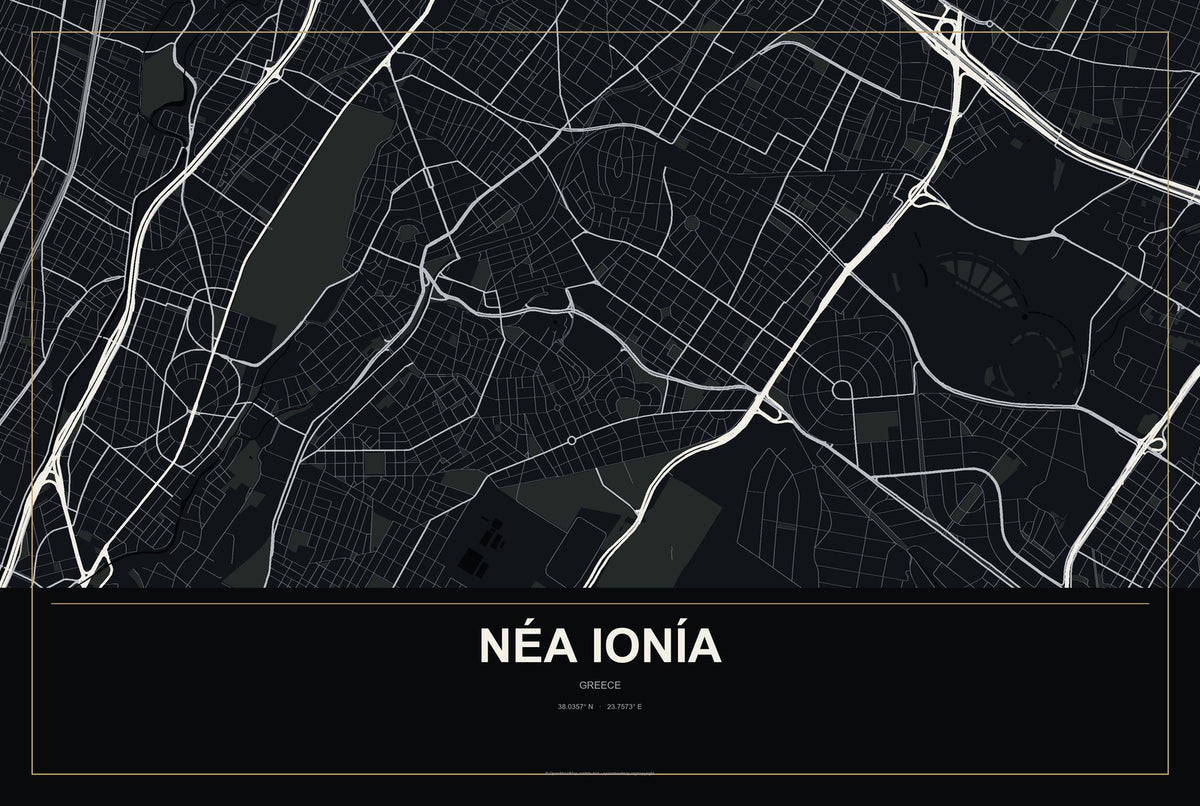 Néa Ionía, Attica, Greece City Map Aluminum Sign in Metropolitan Noir style