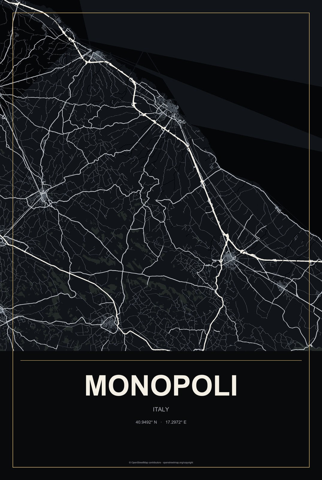 Monopoli, Italy City Map Aluminum Sign in Metropolitan Noir style