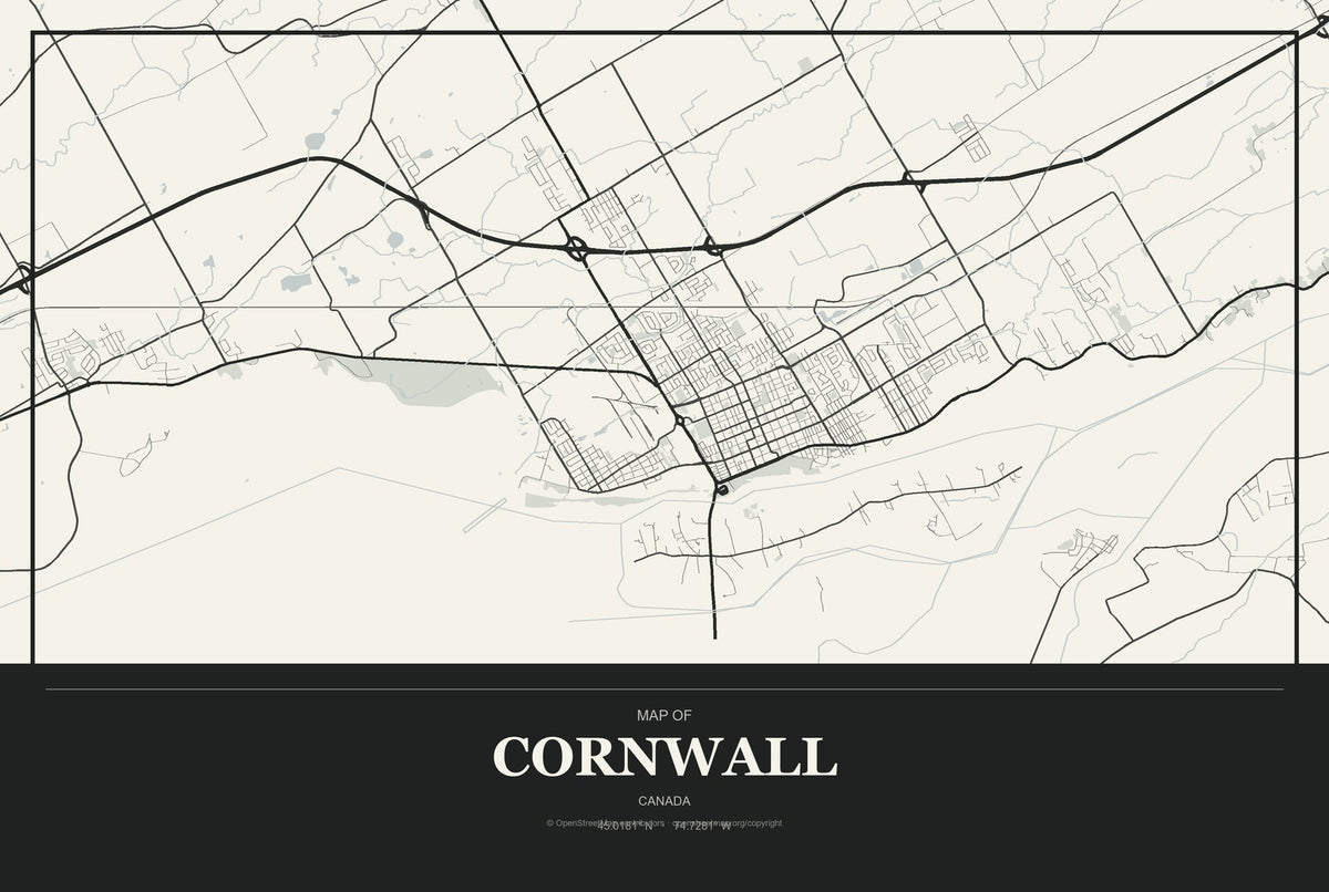 Cornwall, Canada City Map Aluminum Sign in Museum Plaque style
