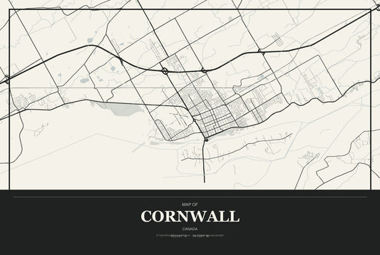 Cornwall, Canada City Map Aluminum Sign in Museum Plaque style