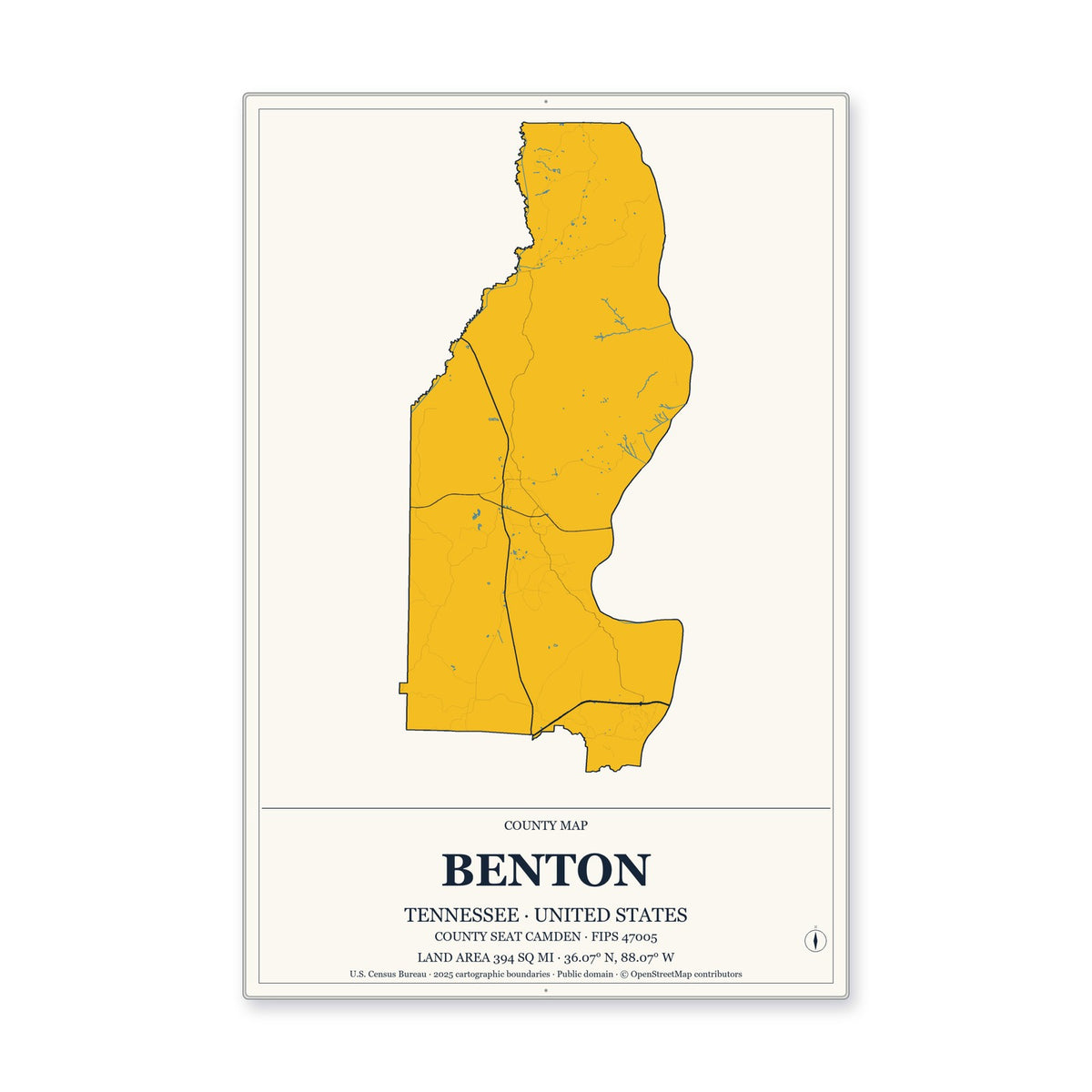 Benton County, Tennessee Map Aluminum Sign in Citrine Modern style