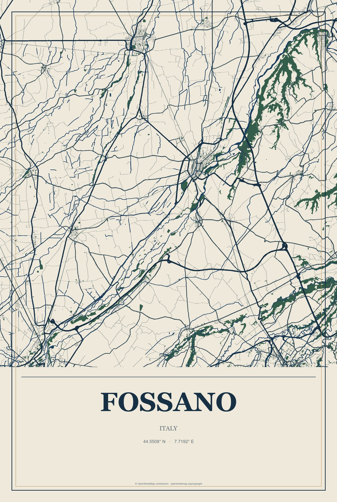Fossano, Italy City Map Aluminum Sign in Coastal Cutout style