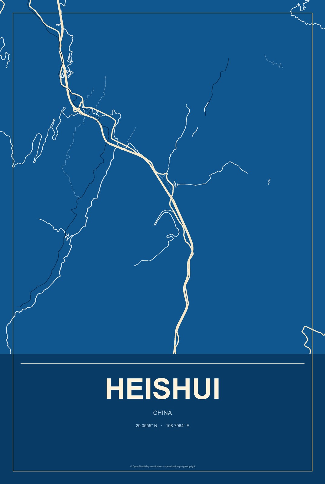 Heishui, China City Map Aluminum Sign in Harbor Cobalt style