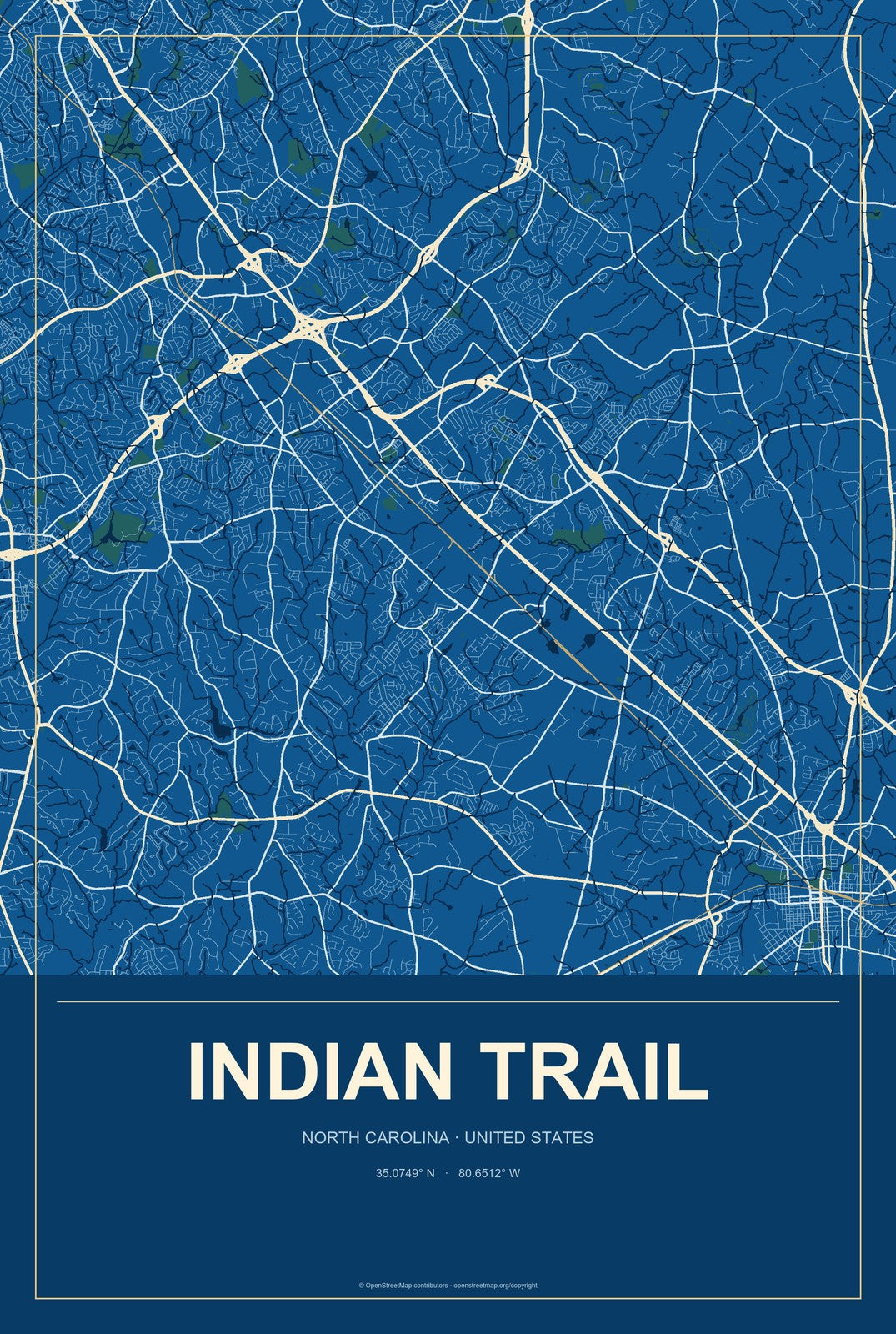 Indian Trail, North Carolina City Map Aluminum Sign in Harbor Cobalt style