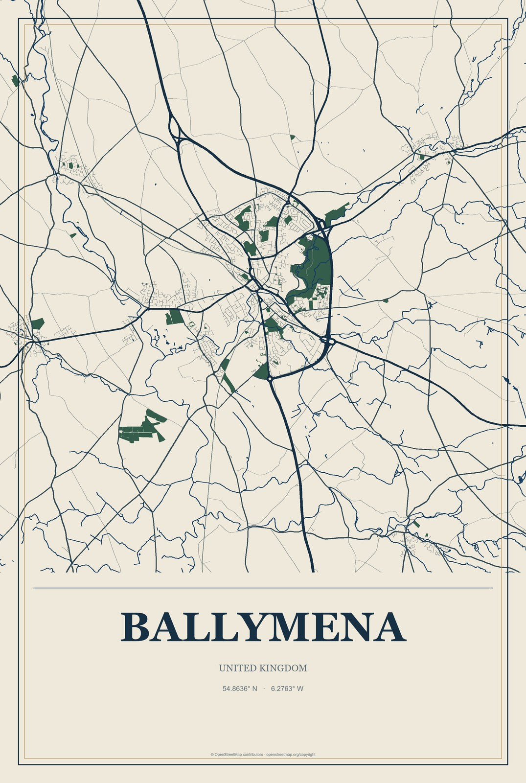 Ballymena, United Kingdom City Map Aluminum Sign in Coastal Cutout style