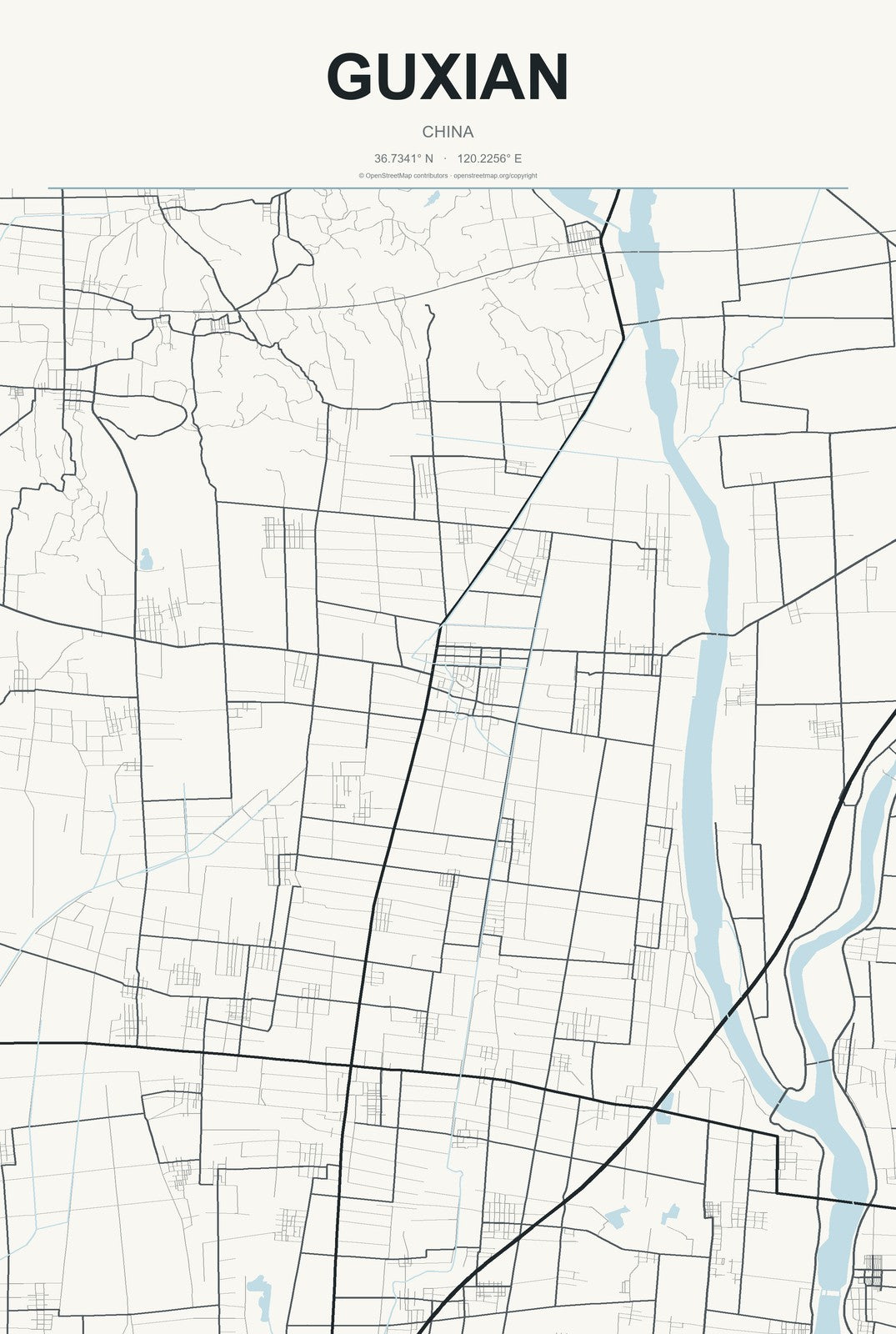Guxian, China City Map Aluminum Sign in Headline Atlas style
