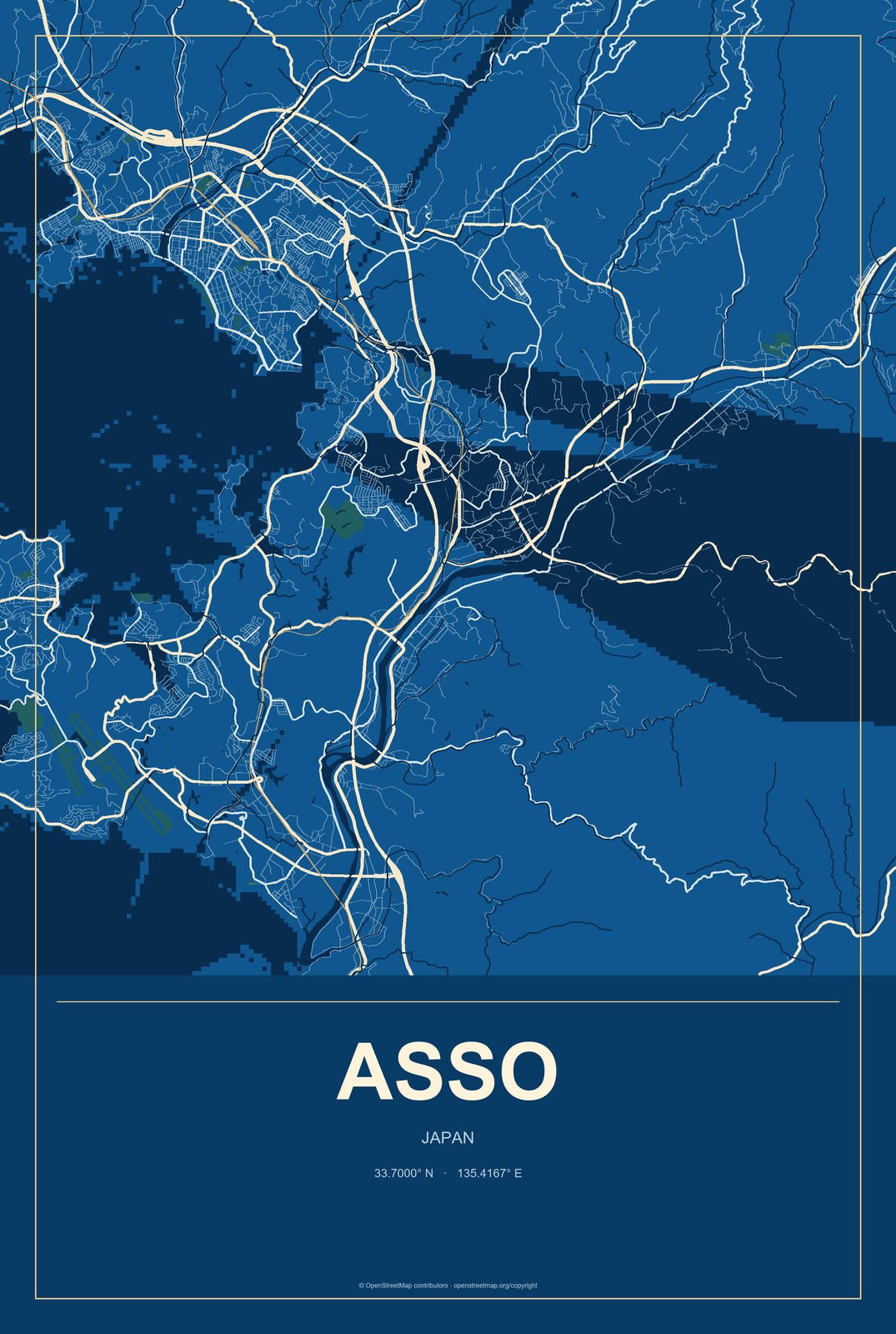Asso, Japan City Map Aluminum Sign in Harbor Cobalt style