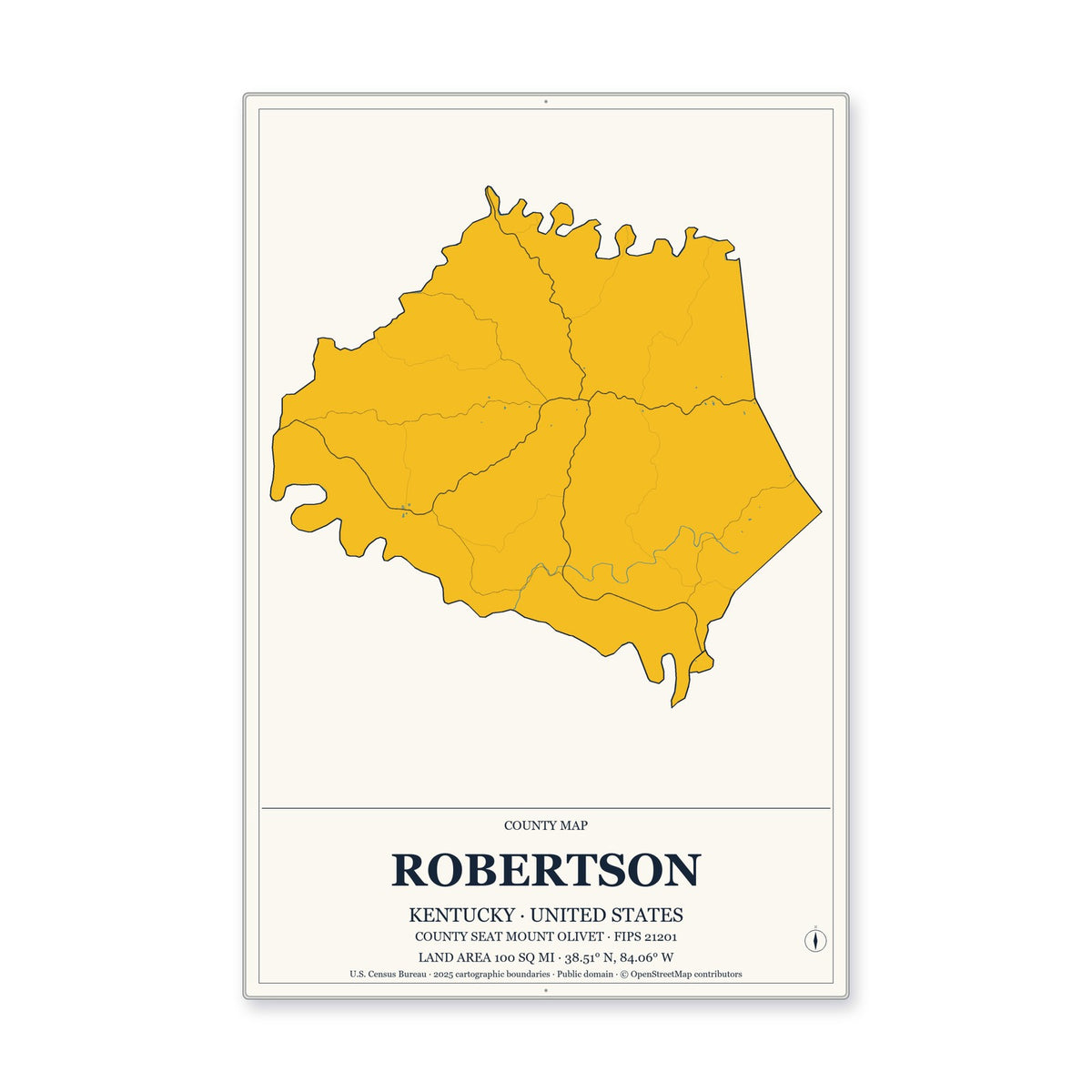 Robertson County, Kentucky Map Aluminum Sign in Citrine Modern style