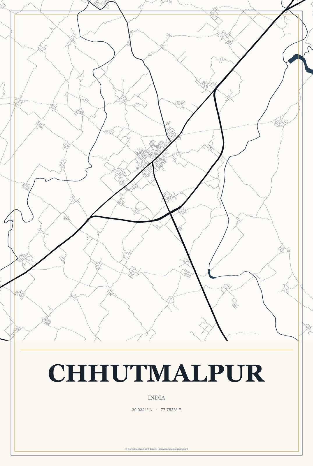 Chhutmalpur, India City Map Aluminum Sign in Citrine Modern style