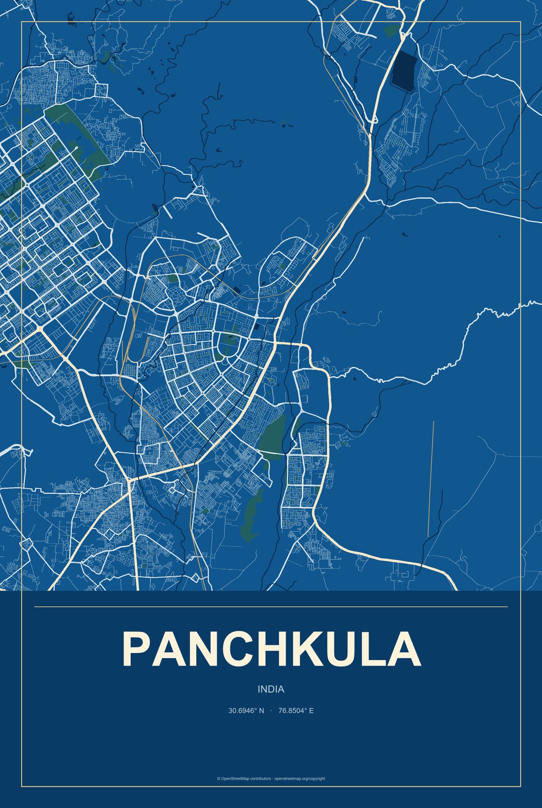 Panchkula, India City Map Aluminum Sign in Harbor Cobalt style