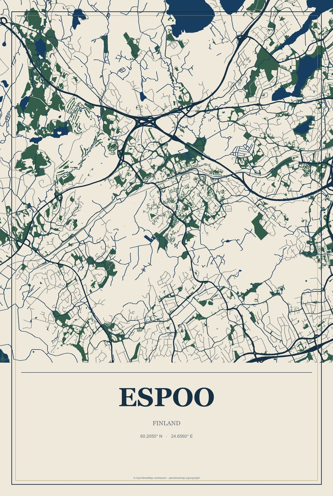 Espoo, Finland City Map Aluminum Sign in Coastal Cutout style