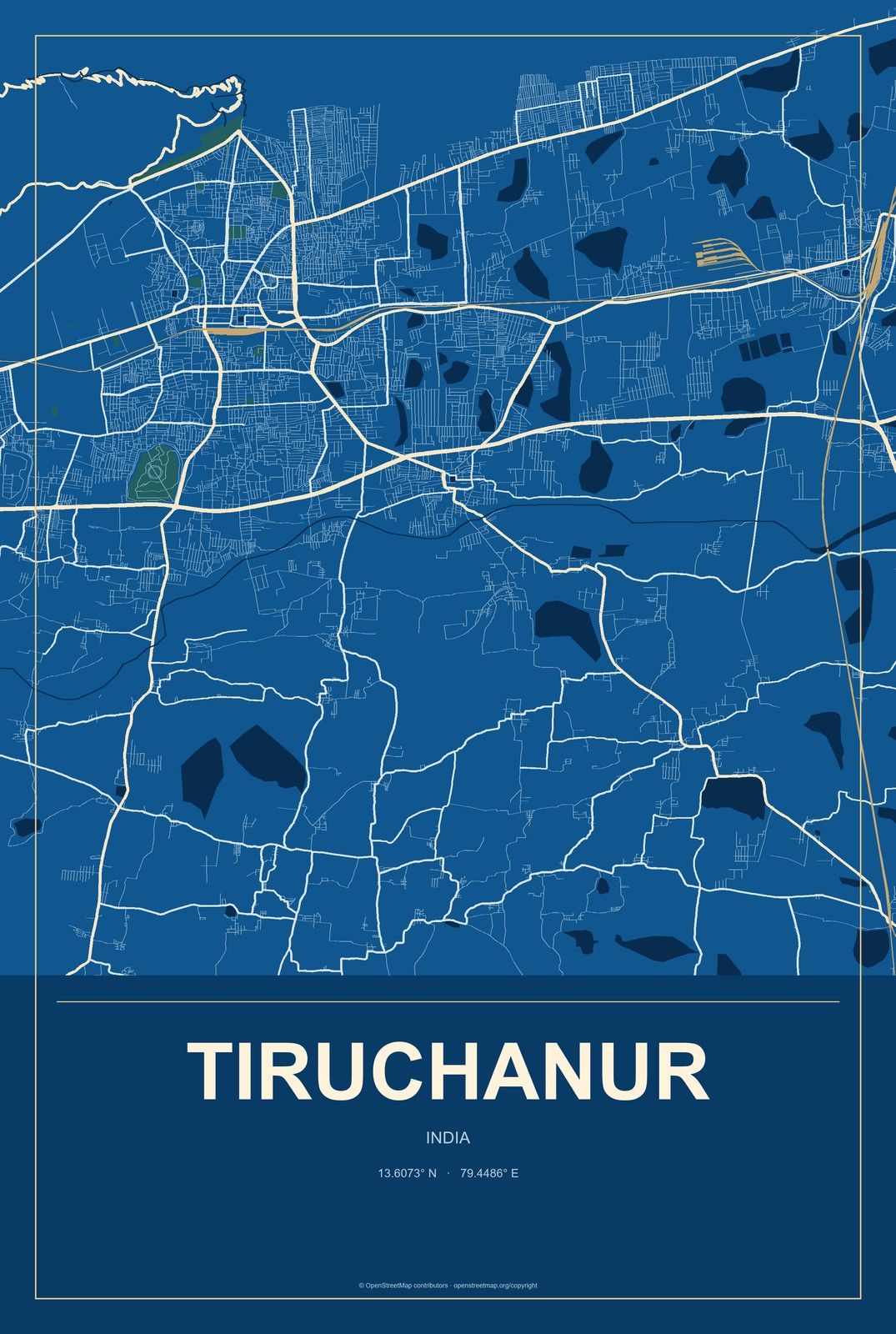 Tiruchanur, India City Map Aluminum Sign in Harbor Cobalt style