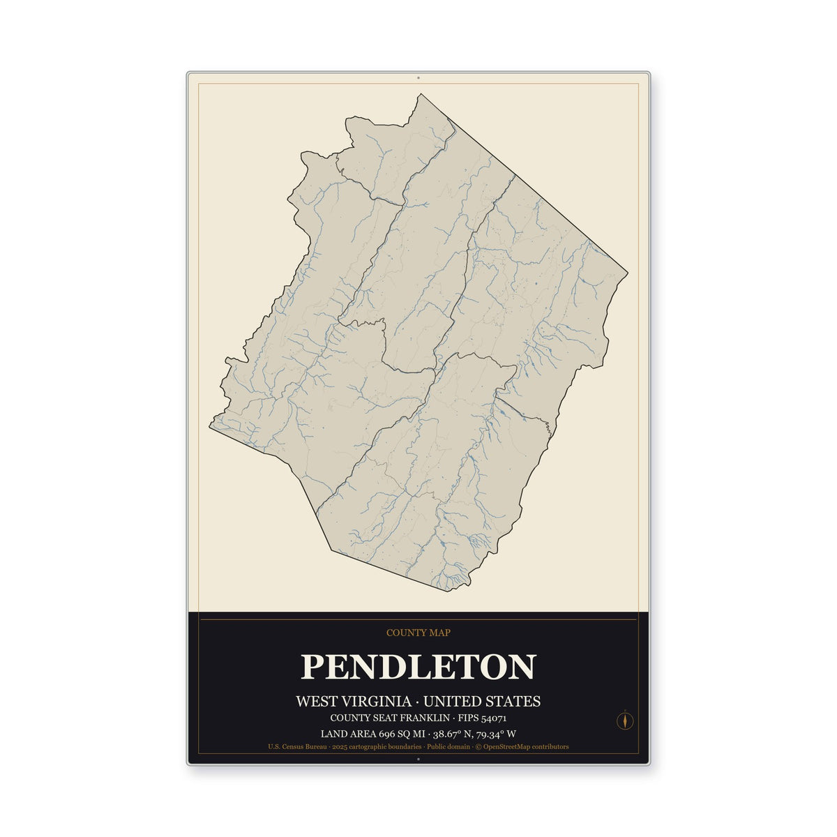 Pendleton County, West Virginia Map Aluminum Sign in Museum Plaque style