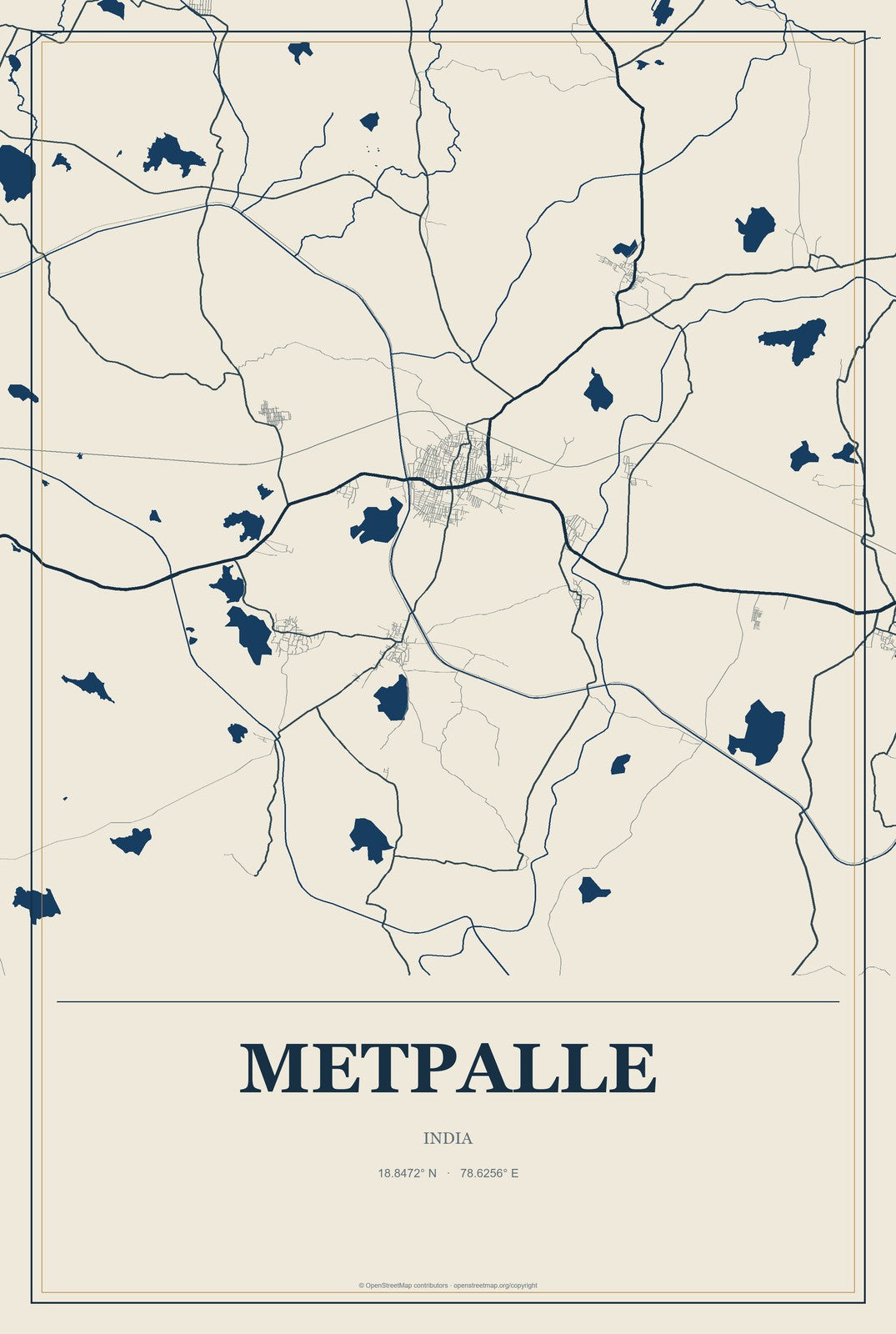Metpalle, India City Map Aluminum Sign in Coastal Cutout style