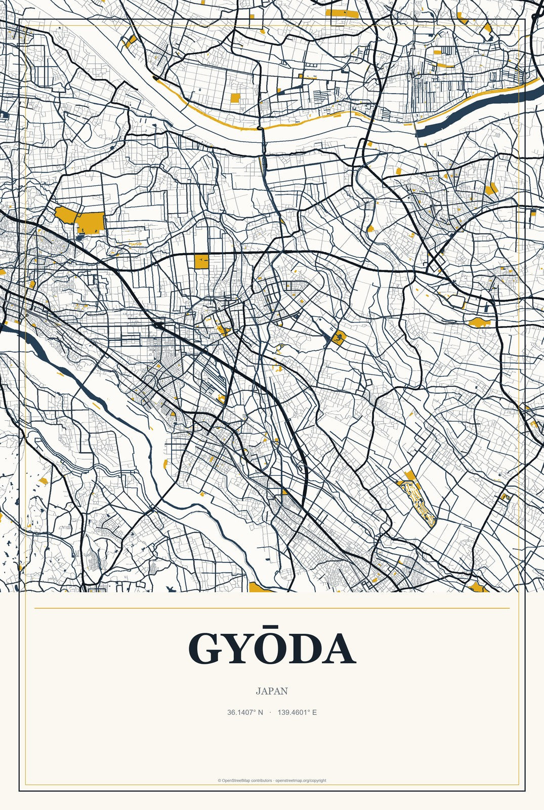 Gyōda, Japan City Map Aluminum Sign in Citrine Modern style