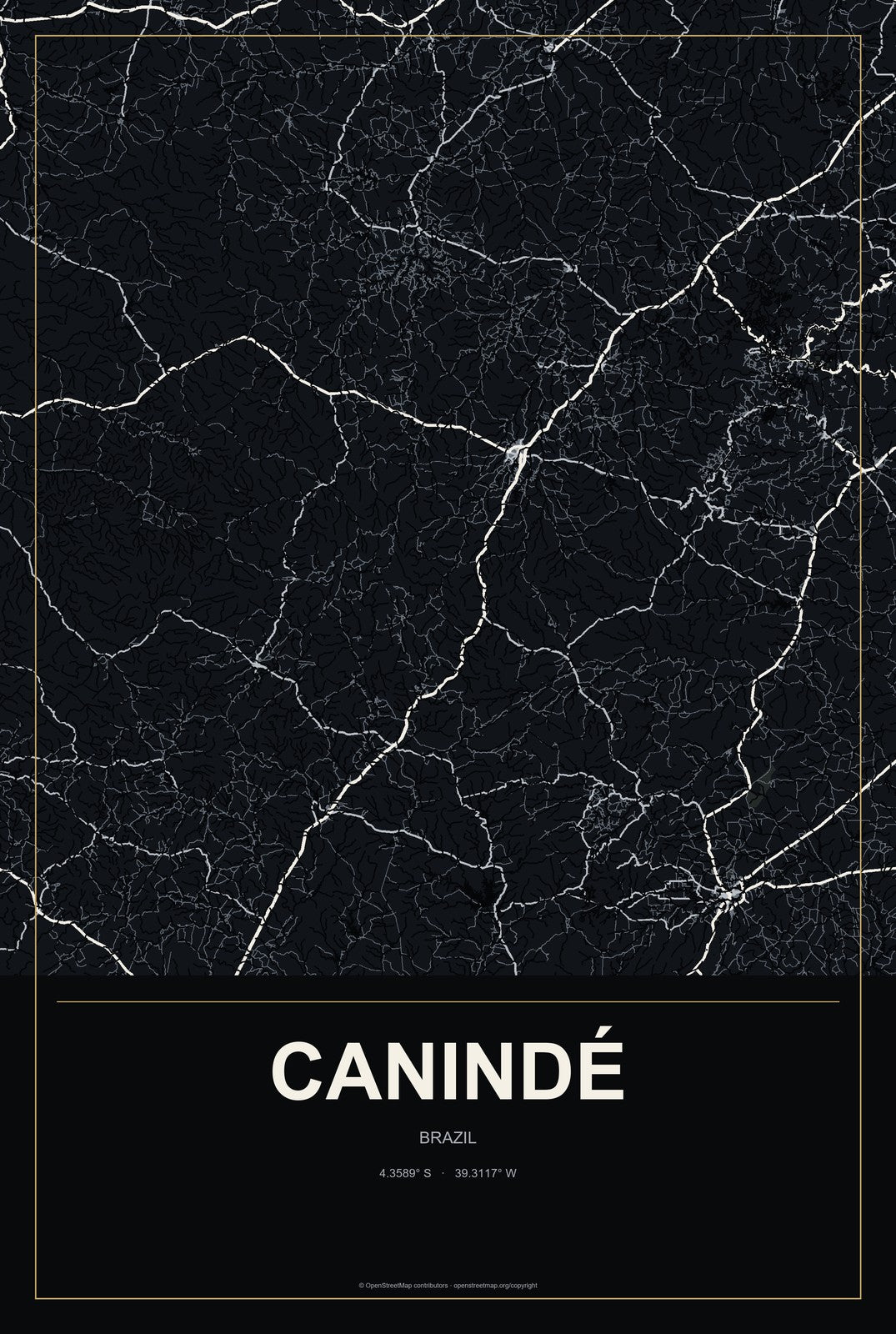 Canindé, Brazil City Map Aluminum Sign in Metropolitan Noir style