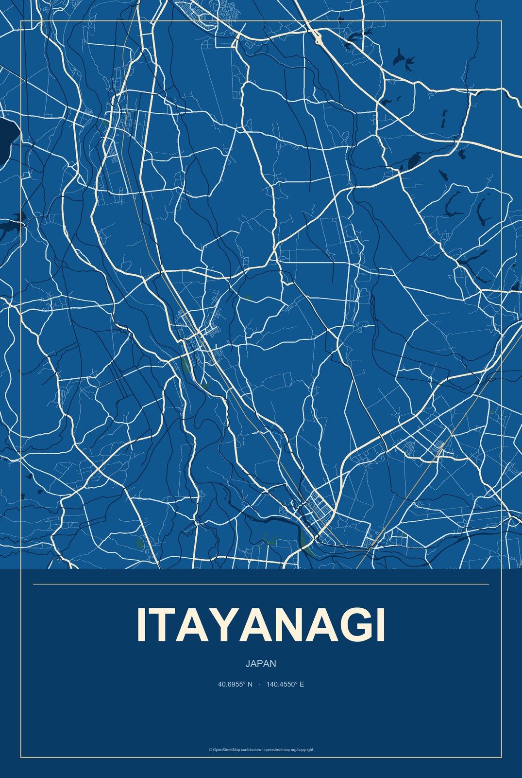 Itayanagi, Japan City Map Aluminum Sign in Harbor Cobalt style
