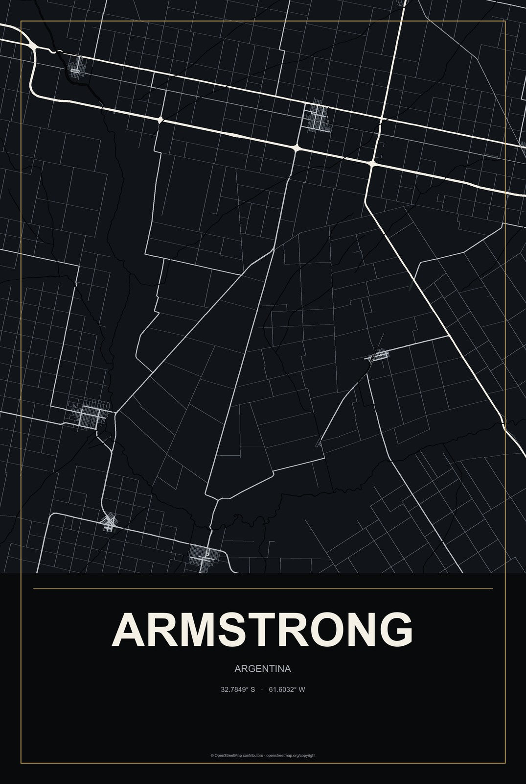 Armstrong, Argentina City Map Aluminum Sign in Metropolitan Noir style