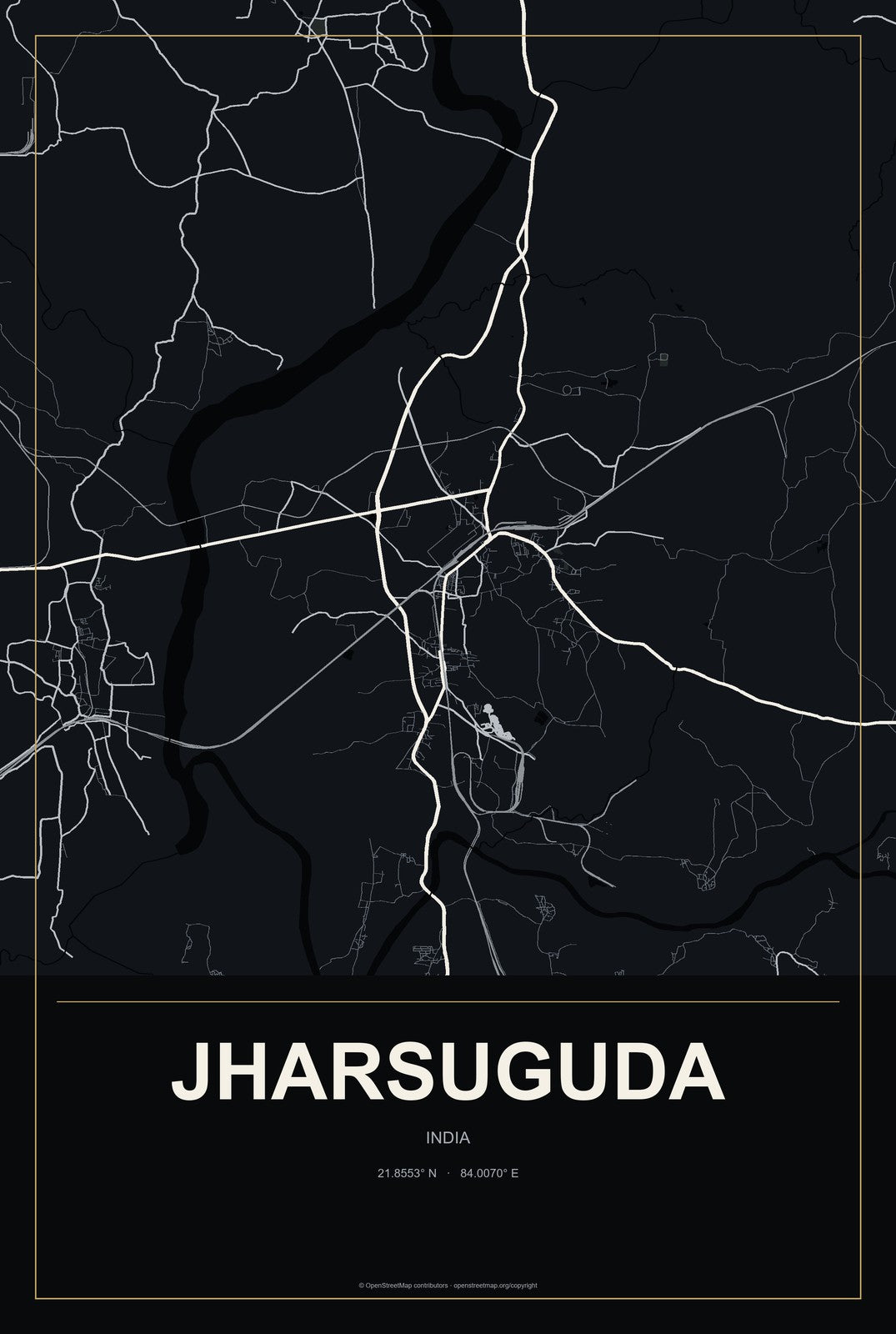Jharsuguda, India City Map Aluminum Sign in Metropolitan Noir style