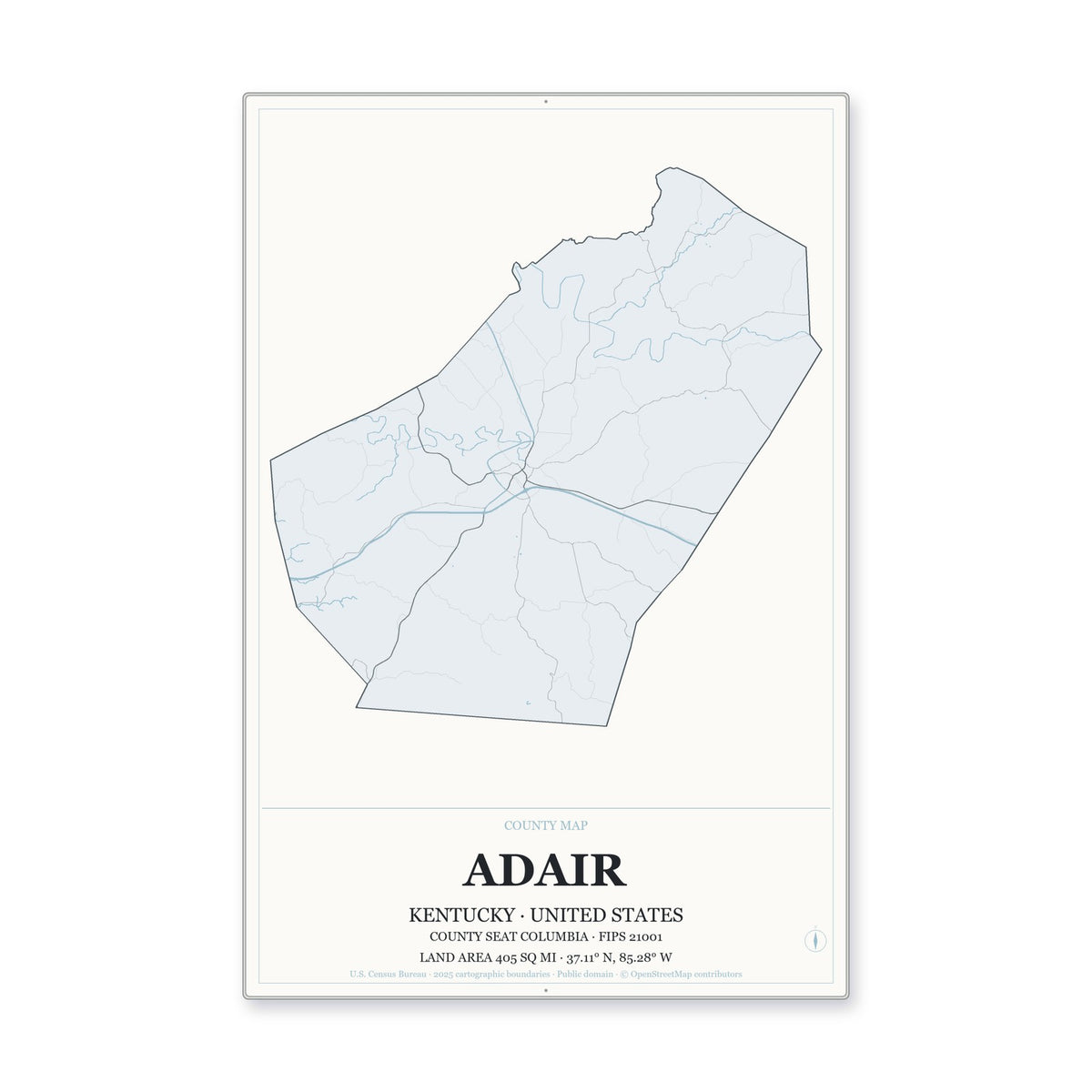 Adair County, Kentucky Map Aluminum Sign in Gallery Air style