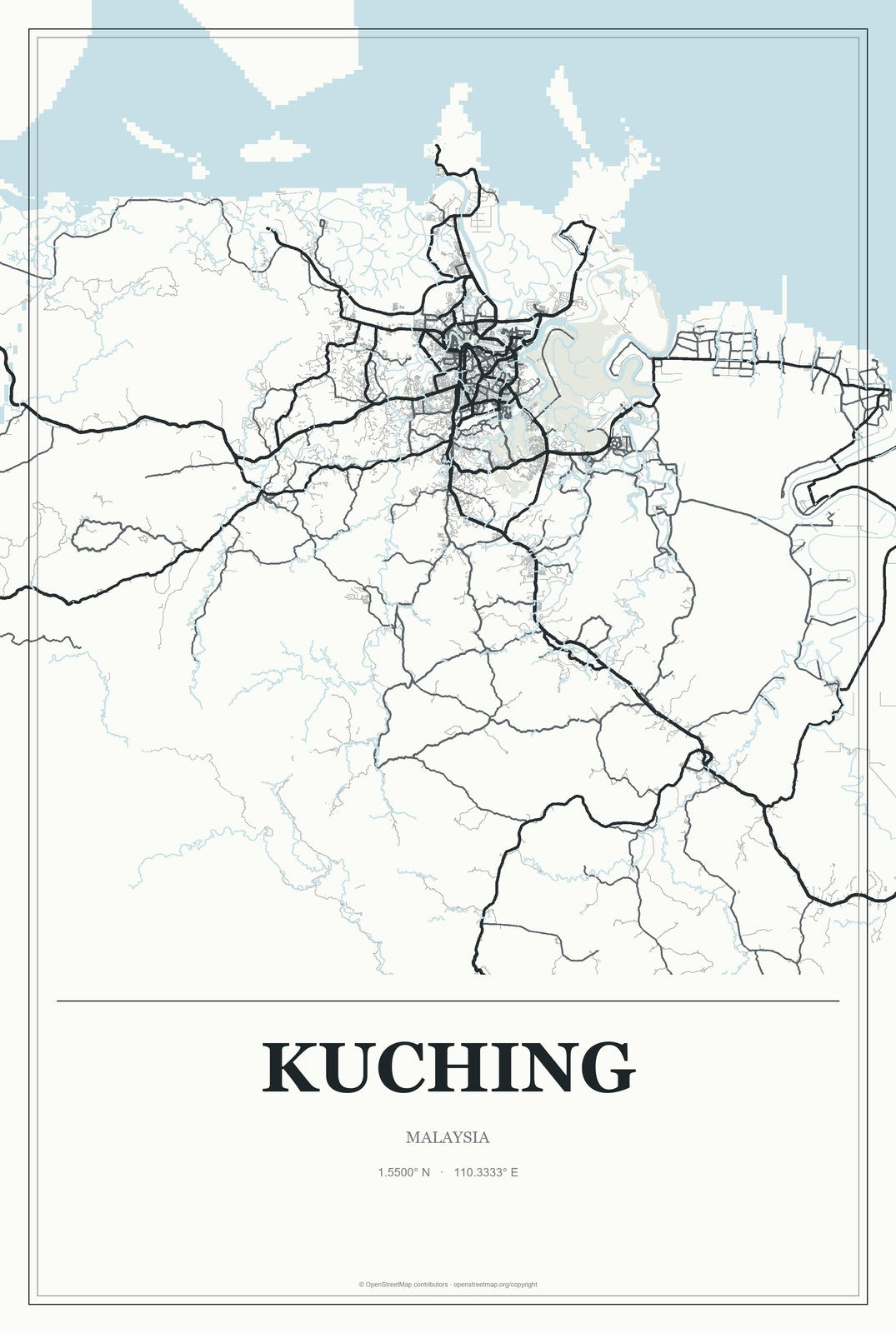 Kuching, Malaysia City Map Aluminum Sign in Gallery Air style