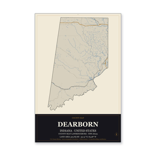 Dearborn County, Indiana Map Aluminum Sign in Museum Plaque style