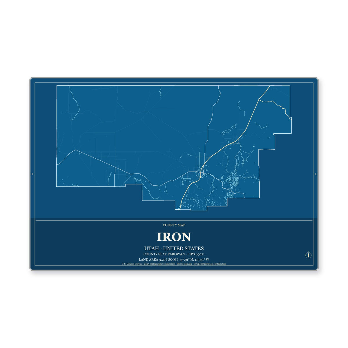 Iron County, Utah Map Aluminum Sign in Harbor Cobalt style