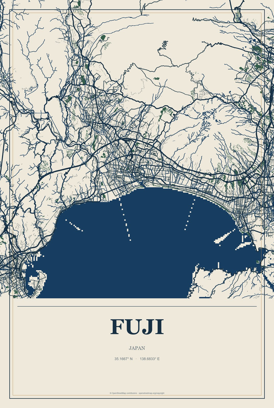 Fuji, Japan City Map Aluminum Sign in Coastal Cutout style