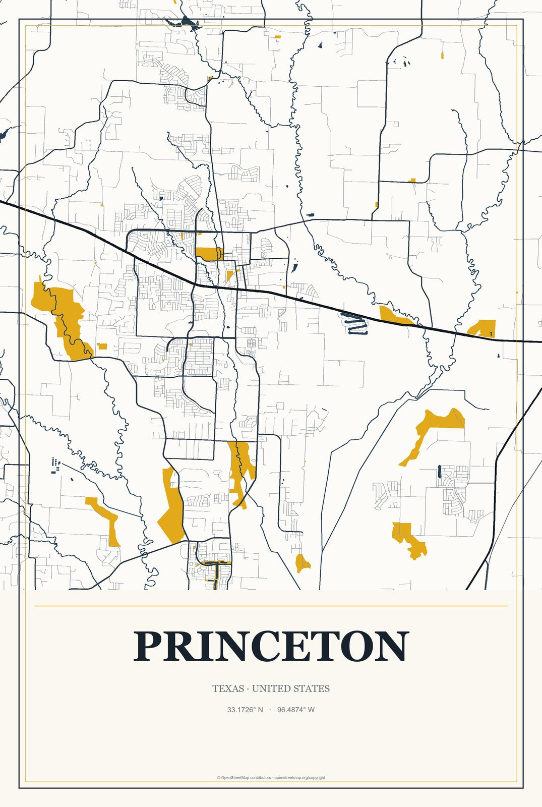 Princeton, Texas City Map Aluminum Sign in Citrine Modern style