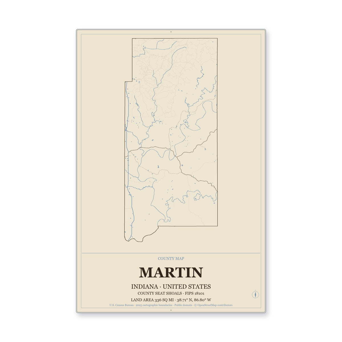 Martin County, Indiana Map Aluminum Sign in Heritage Nautical style