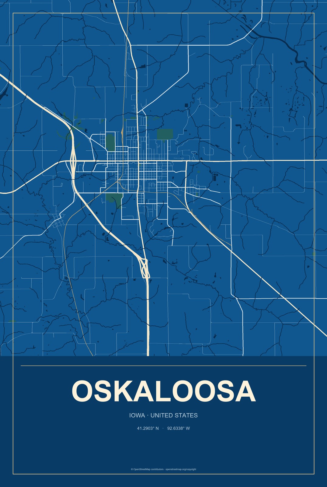 Oskaloosa, Iowa City Map Aluminum Sign in Harbor Cobalt style