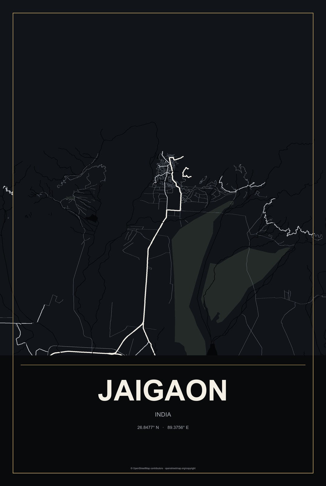 Jaigaon, India City Map Aluminum Sign in Metropolitan Noir style