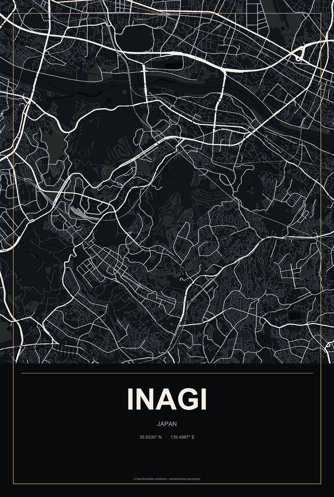 Inagi, Japan City Map Aluminum Sign in Metropolitan Noir style