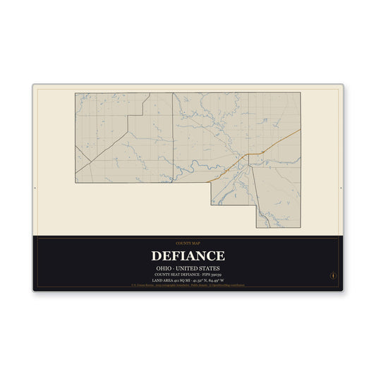 Defiance County, Ohio Map Aluminum Sign in Museum Plaque style
