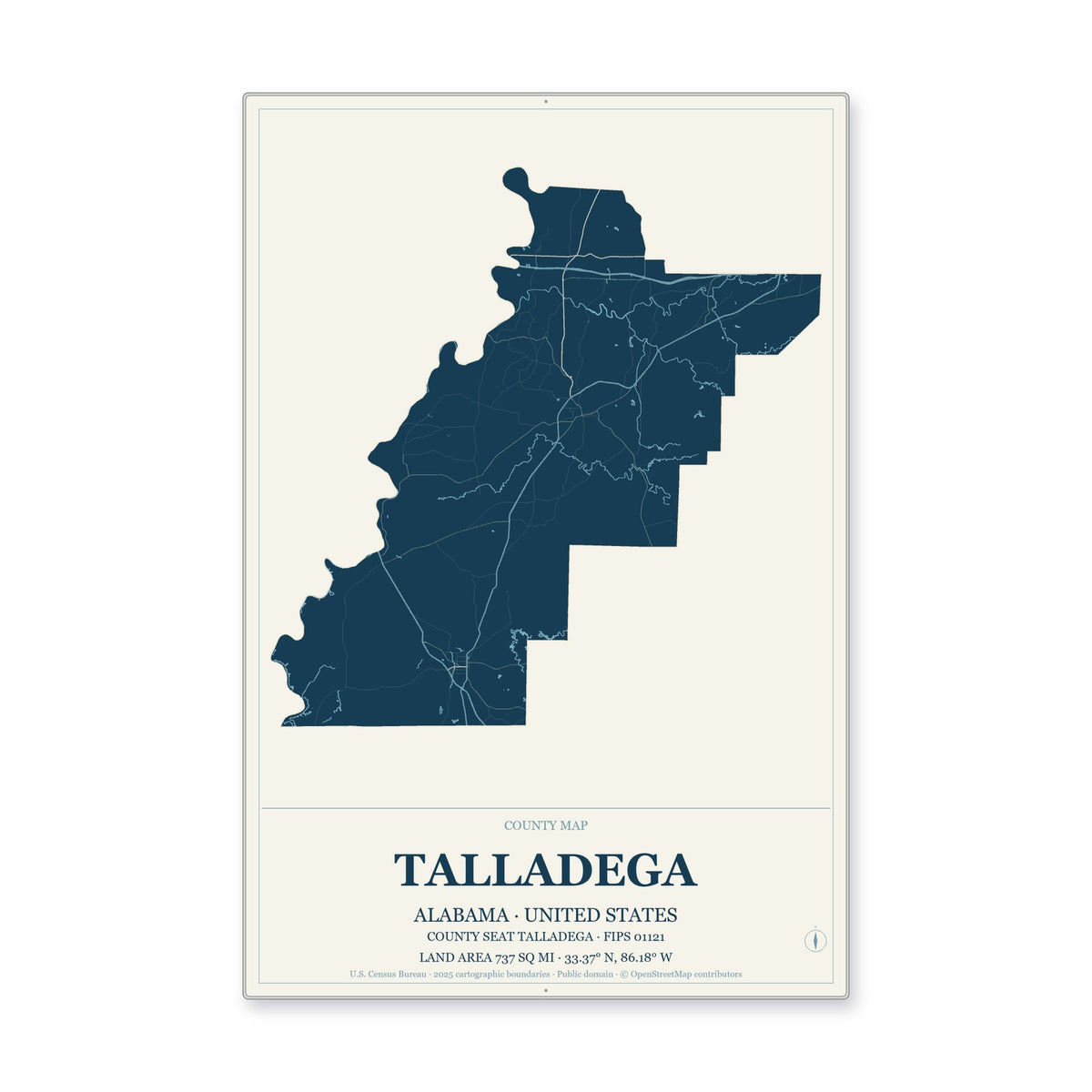 Talladega County, Alabama Map Aluminum Sign in Coastal Cutout style