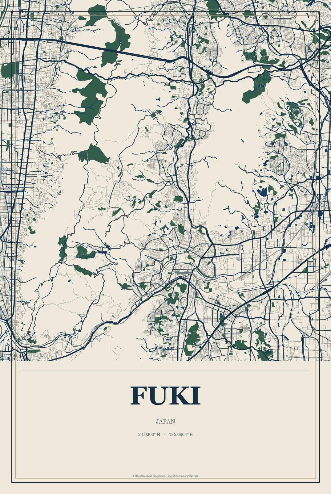 Fuki, Japan City Map Aluminum Sign in Coastal Cutout style
