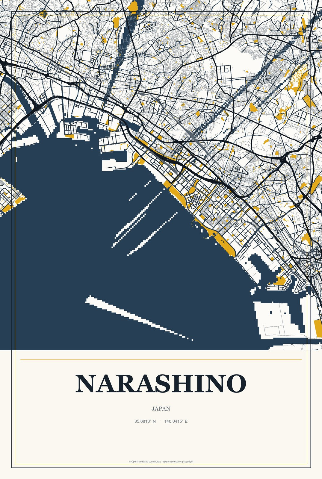 Narashino, Japan City Map Aluminum Sign in Citrine Modern style