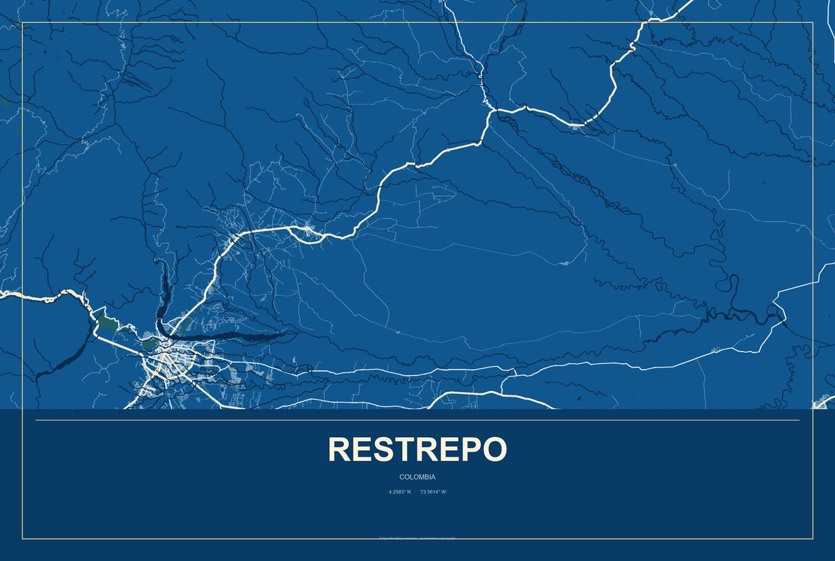 Restrepo, Colombia City Map Aluminum Sign in Harbor Cobalt style