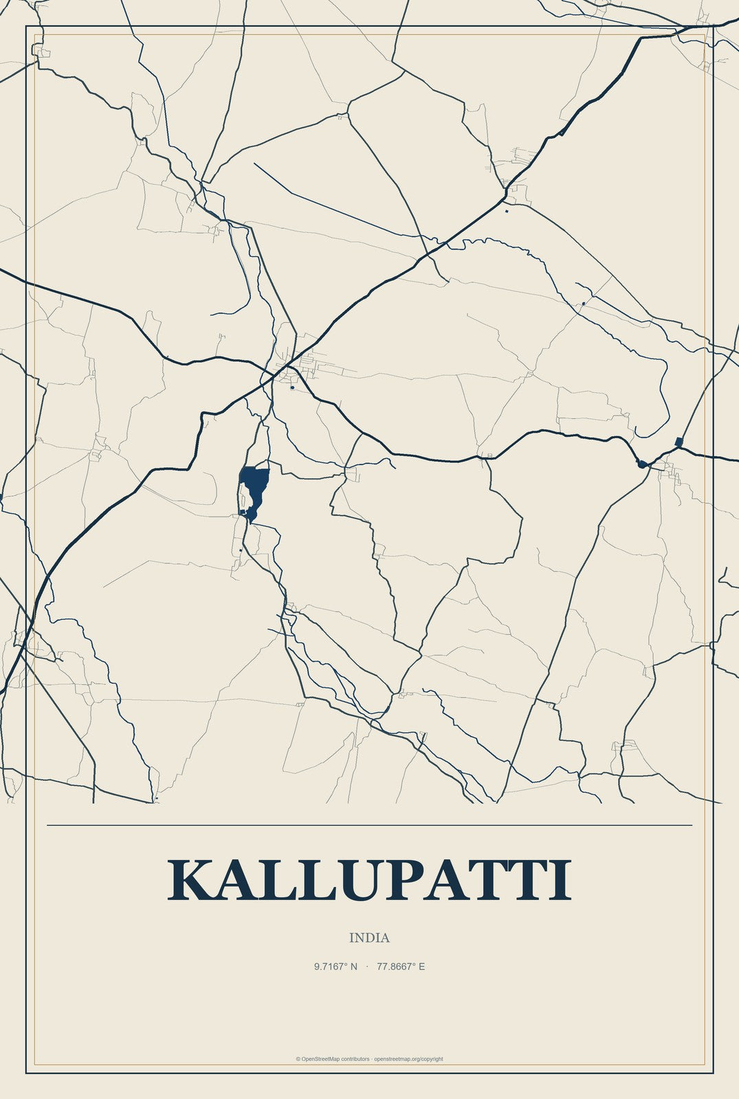 Kallupatti, India City Map Aluminum Sign in Coastal Cutout style